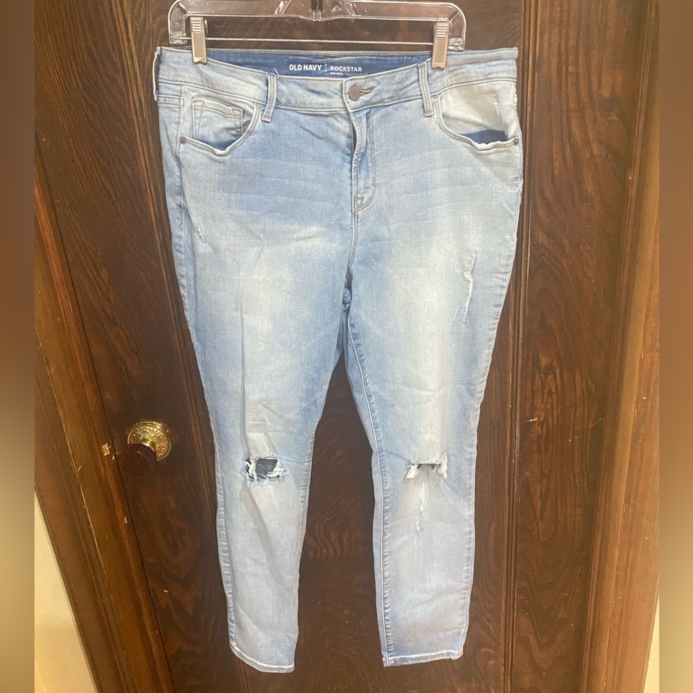 Old Navy- Rockstar Jeans, Distressed knees, Blue, Size 14